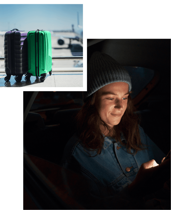 Split image of suitcases and someone on their phone smiling at the screen, suggesting she is getting help from the app